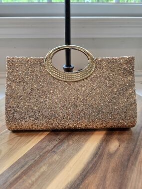 Gold Glitter Evening Clutch Handbag with Oval Handle